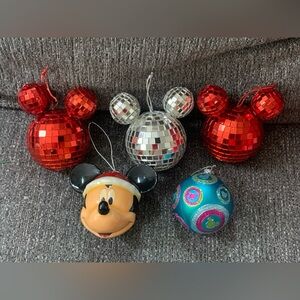 DISNEY VINTAGE MICKEY MOUSE ORNAMENTS 3 Red & Clear Mosaic Mirrored Disco Ball